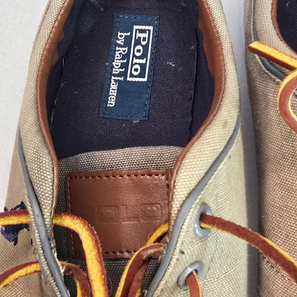 Polo Ralph Lauren Mens Canvas Sneakers Tan Preppy Leather Laces Pony Size 13D